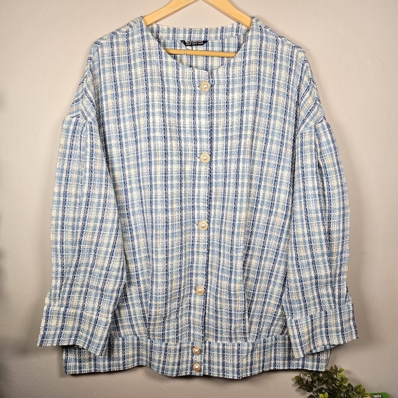 BloomChic Women's Blue Button Up Long Sleeve Blazer Jacket Plaid Top Size 18/20 - Picture 4 of 16